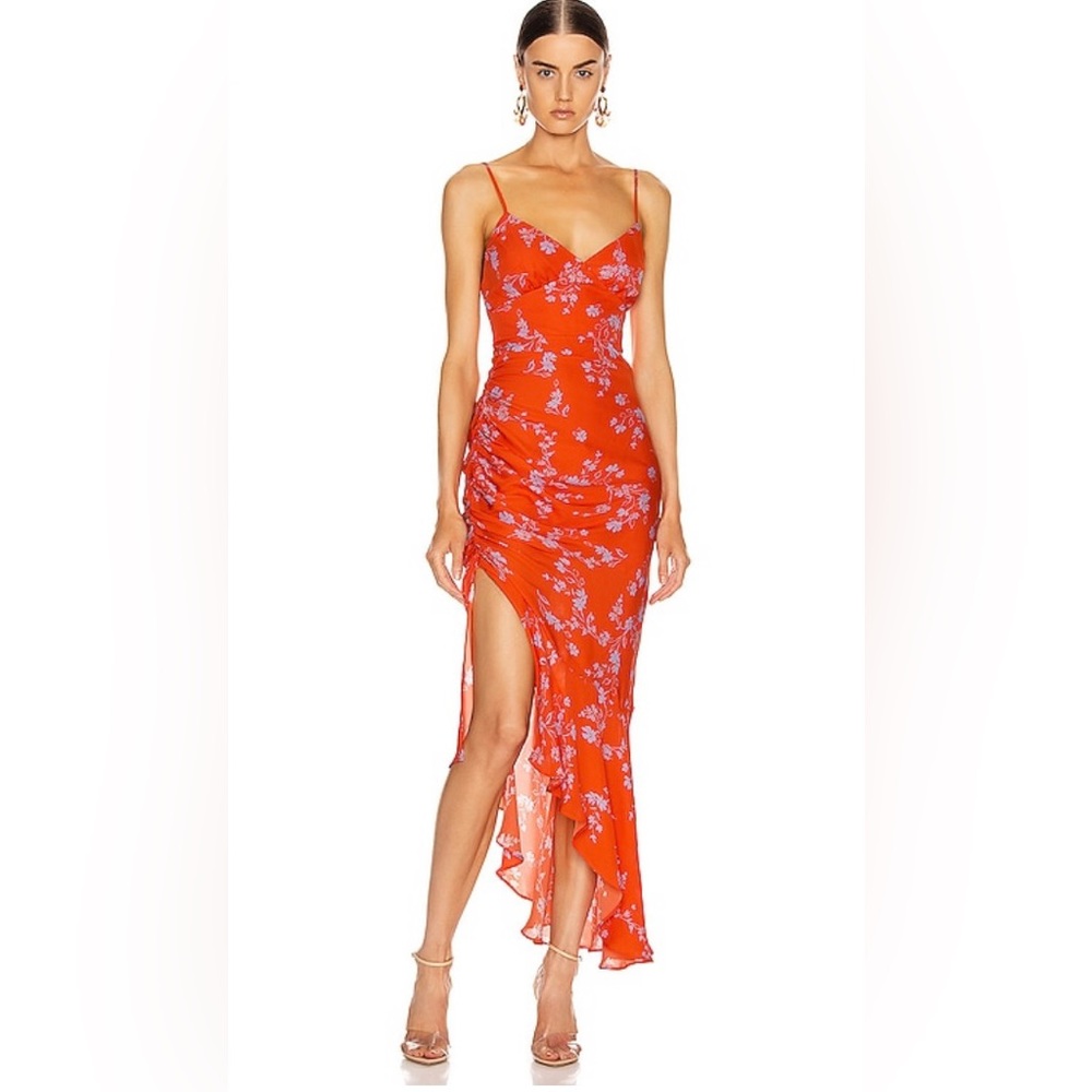 EUC Nicholas Fun and Flirty Asymmetrical Orange Silk Long Dress, Size 6